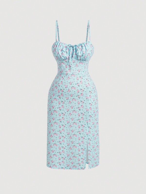 SHEIN MOD Plus Size Summer Casual Ditsy Floral Print Split Hem Spaghetti Strap Dress,Beach Dress Sundress,Holiday Outfits Boho,Corset Dress For Women