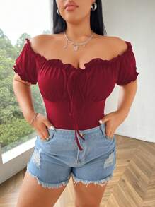 Flirla Plus Size Solid Color Off-Shoulder Frill Trim Chest Pleated Tie Knot T-Shirt - Burgundy - View 6