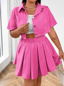 Flirla 夏季大码女式休闲露脐上衣和百褶裙套装 - 玫紅色 - 查看 5