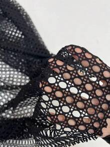 SHEIN Swim Summer Beach V-Neck Spaghetti Strap Bikini Set And Hollow Knitted Cropped Top - Black - View 6