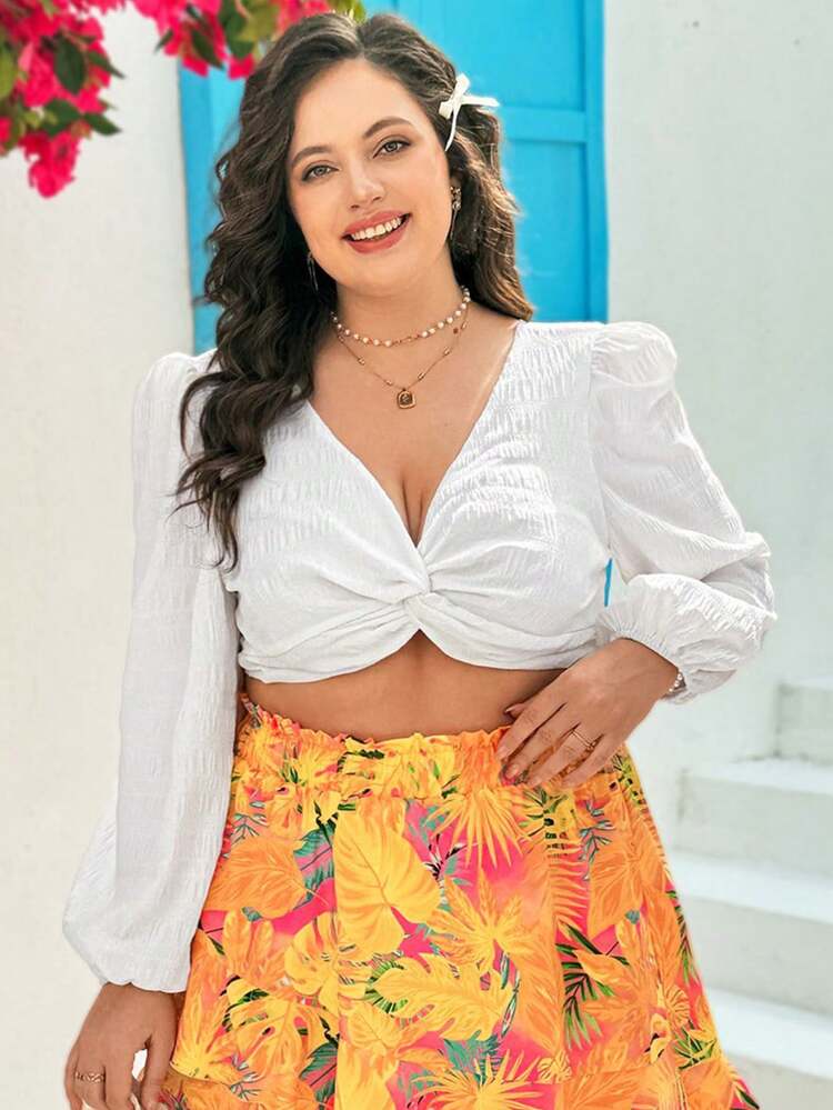 Plus Size Spring/Summer Twisted Texture Lantern Sleeve Cropped Top