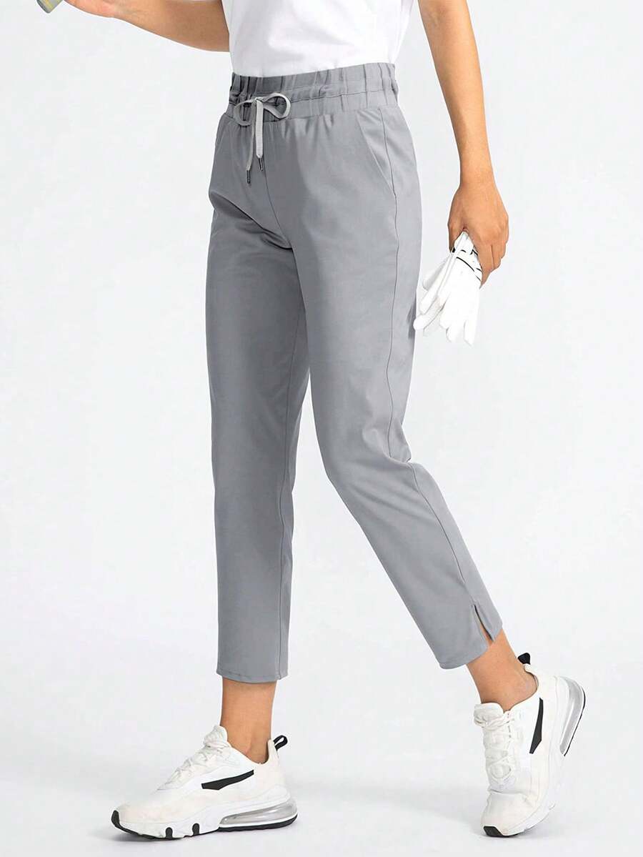 Women's Casual Comfortable Solid Color Elastic Waist Drawstring Straight Pants - Grey - View 1