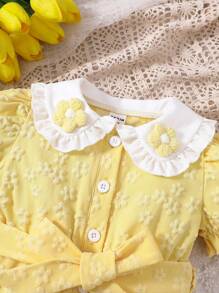 Baby Girl's Casual Short Sleeve Romper With 3d Flower Collar, Summer - Yellow - View 3