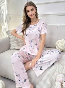 Butterfly & Plant Patterned Women's Short Sleeve & Long Pants Pajama Set