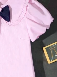 Teenager Mädchen Frühling/Sommer neues Kleid mit Peter-Pan-Kragen, Lässig und süß geschnittenes A-Linien-Kleid mit strukturiertem Stoff und Schleifendesign