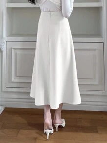 DAZY Solid Color A-Line Zipper Closure Elegant Casual Versatile Skirt Summer,Back To School Clothes - White - View 2