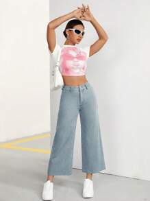 SHEIN PETITE Women's Spring/Summer Cropped Wide-Leg Jeans - Dusty Blue - View 3