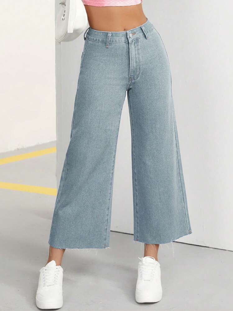 SHEIN PETITE 女士春夏款寬腿剪裁牛仔褲 - 霧霾藍 - 查看 7