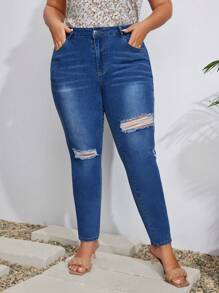 SHEIN LUNE 大尺碼女性時尚休閒修身破洞細腿牛仔褲 - 藍色 - 查看 4