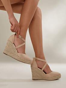 Zapatos de mujer con plataforma de cuerda trenzada hueca color albaricoque y suela gruesa - Albaricoque - Ver 3