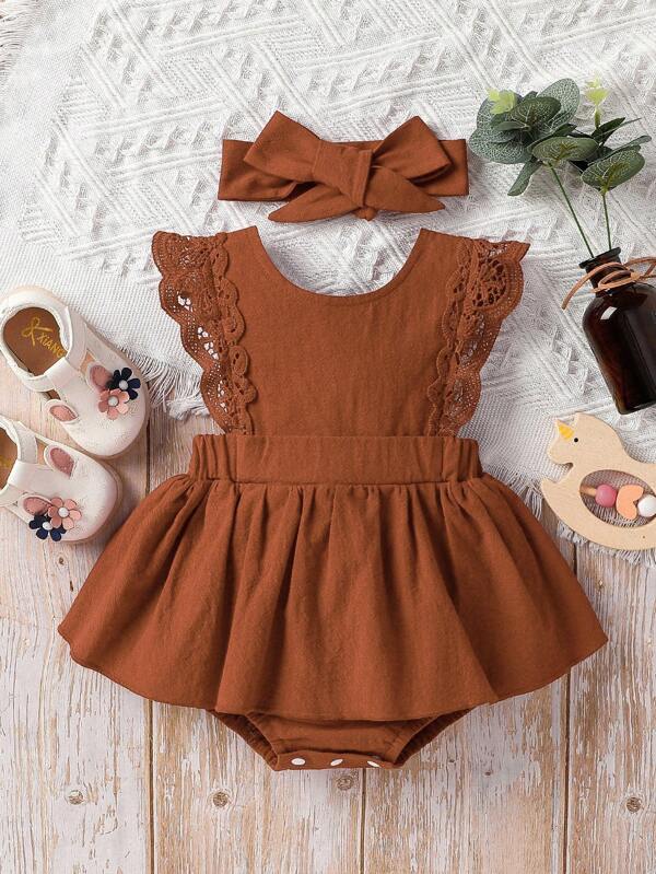SHEIN Vintaside Kids Baby Girl Fashion Summer Solid Color Lace Trimmed Dress