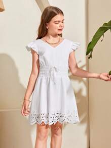 SHEIN Tween Girls' Vacation & Casual Spring/Summer Solid Color Woven V-Neck Flutter Sleeve Waist Tie Dress - White - View 5