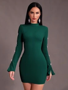 Modphy 女士暗綠色長袖鑽石蝴蝶結空心露背迷你包身束縛聚會連衣裙 - 墨綠色 - 查看 6