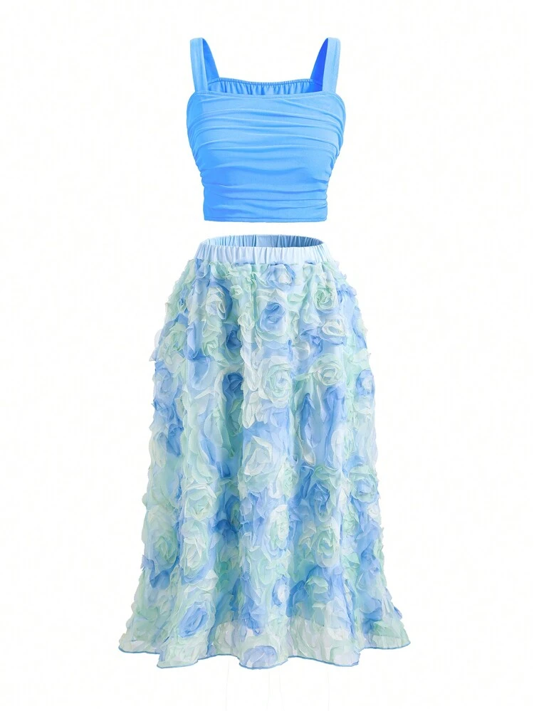 Teen Girl Solid Color Pleated Cami Top & 3d Floral Mesh Skirt Set For Spring/Summer