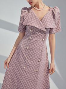 Modelyn Robe à manches courtes imprimée diamant et carreaux pour femme, style arabe à la mode