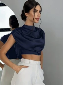 Firerie Blusa arrugada de cuello alto para mujeres - Azul Marino - Ver 5