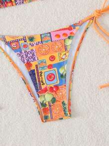 Swim Mod Summer Beach Women's Fruit Printed Halter Neck Tie Bikini Set For Vacation - Multicolor - View 6