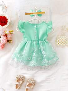 SHEIN New Born Baby Girl Summer Embroidered Mesh Dress Collared Cap Sleeve Dress With Flower Patchwork - Mint Green - View 2
