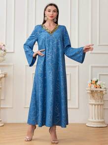 Al Najma Women's Geometric Printed Patchwork Sequined Long Sleeve Arabian Dress