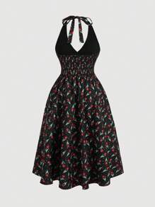 SHEIN MOD Váy chữ A cổ yếm in hoa phong cách nghỉ mát mùa hè cỡ lớn cho nữ có eo thắt chặt - màu đen - Xem 2
