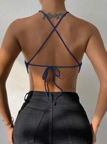 Zolique 女士夏季不對稱下擺雙肩帶針織上衣 - 藏蓝色 - 查看 2