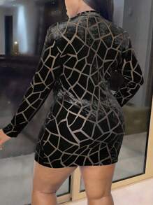 Allurite Plus Size Spring/Summer Fashion Mesh Splicing Zip Up Bodycon Long Sleeve Dress