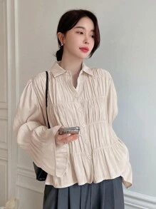 DAZY Chemise longue pour femmes à manches longues et à manches longues à col en plis de couleur unie pour le printemps/été - Nude - Voir 4
