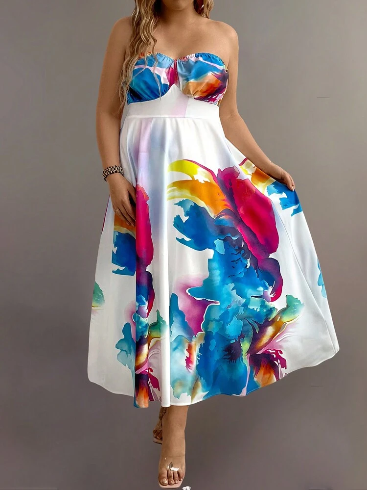 Women Plus Size Colorful Printed Strapless Dress