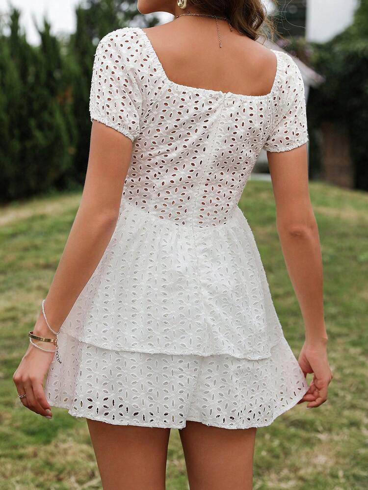 Casual Summer Hollow Out Embroidery Lace Up Bubble Sleeves Cinching Waist Dress