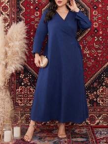 Seusyu Vestido Largo, Envuelto Y Anudado Con Cuello En V De Talla Grande Y Color Sólido En Ropa De Estilo Árabe - Azul Marino - Ver 6