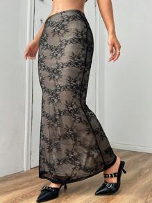 SHEIN Unity Women's Lace Mermaid Style Long Skirt For Spring And Summer - Black - View 1