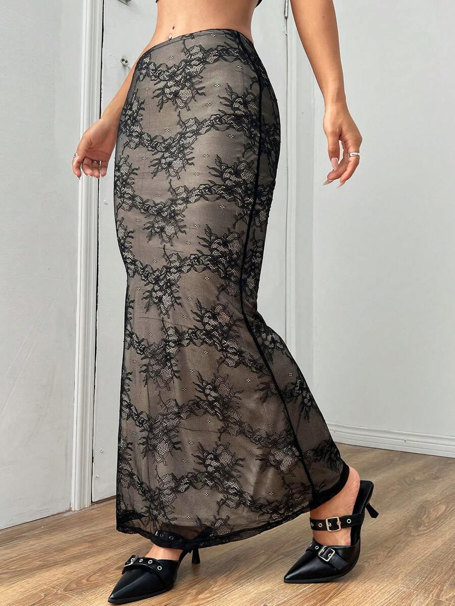 SHEIN Unity Women's Lace Mermaid Style Long Skirt For Spring And Summer - Black - View 1