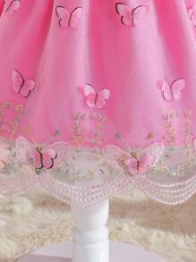 SHEIN Glamorique Kids Baby Girl And Elegant Butterfly Decorated Mesh Ruffle Hem Embroidery Dress - Hot Pink - View 7