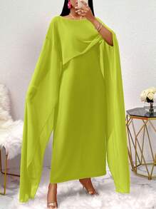 Zolique Elegant Solid Color Batwing Sleeve Dress - Dark Green - View 3