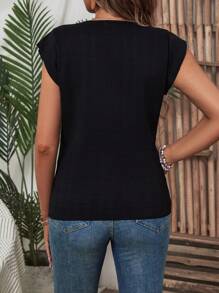White Texture Plaid Round Neck Blouse, Summer  Women Tops - Black - View 2