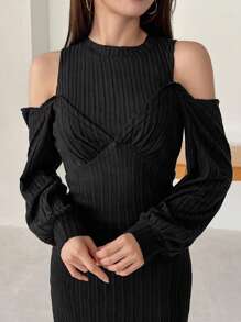 FRIFUL 女式露肩长袖连衣裙，秋季连衣裙 - 黑色 - 查看 6