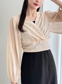 DAZY 纯色灯笼袖后系带衬衫，荷叶边长袖上衣 - 杏色 - 查看 5