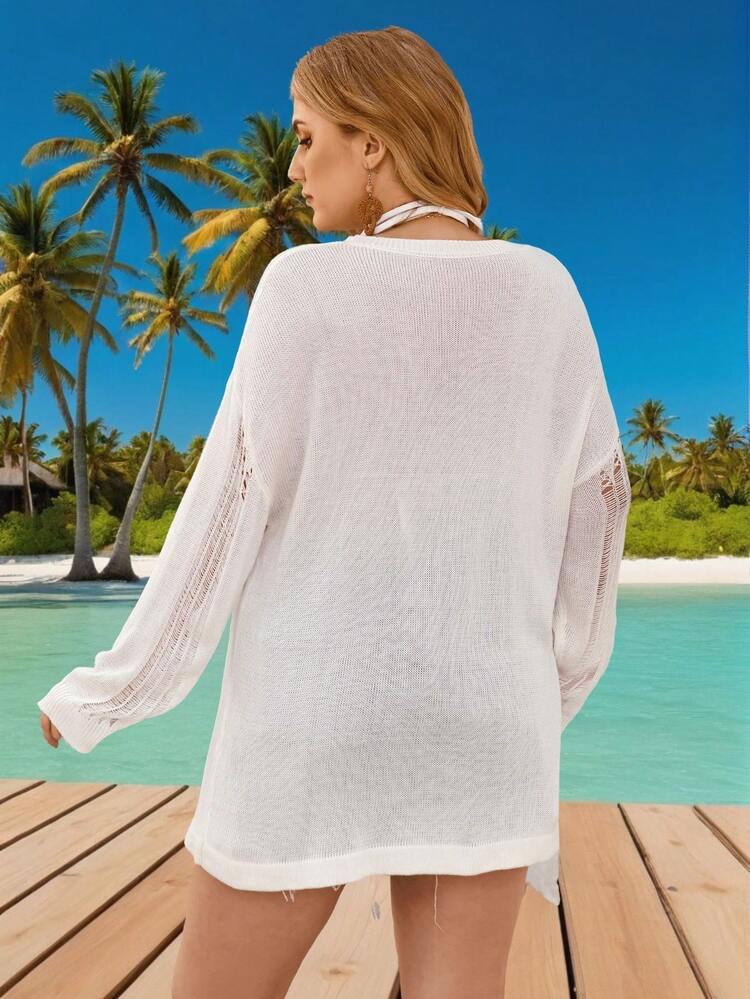 Plus Size White Distressed Drop Shoulder Long Sleeve Sweater Knit Pullover Fall Winter