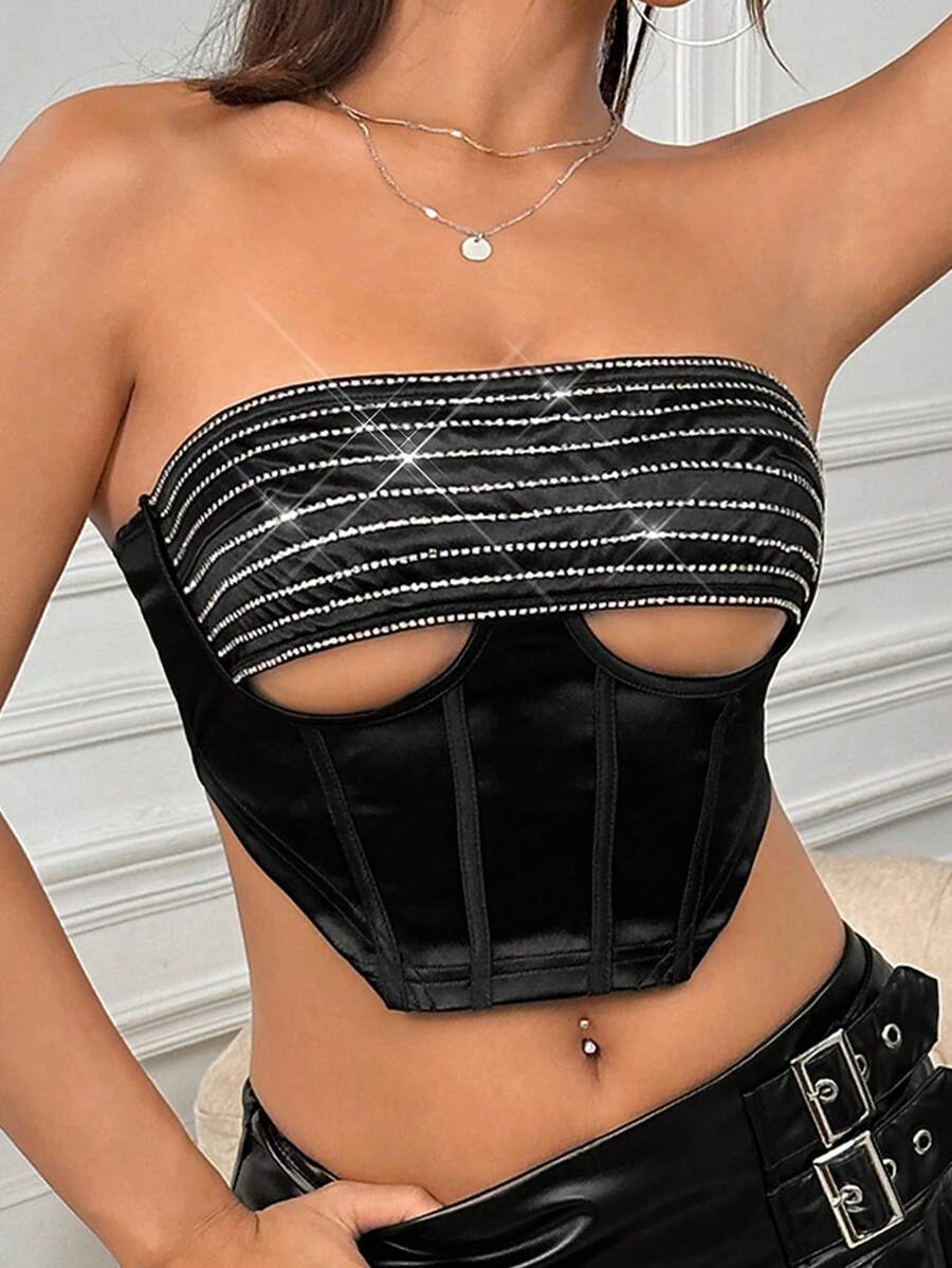 SHEIN ICON Y2k夏季音樂節不對稱下擺領繫式露腹背心 - 黑色 - 查看 1