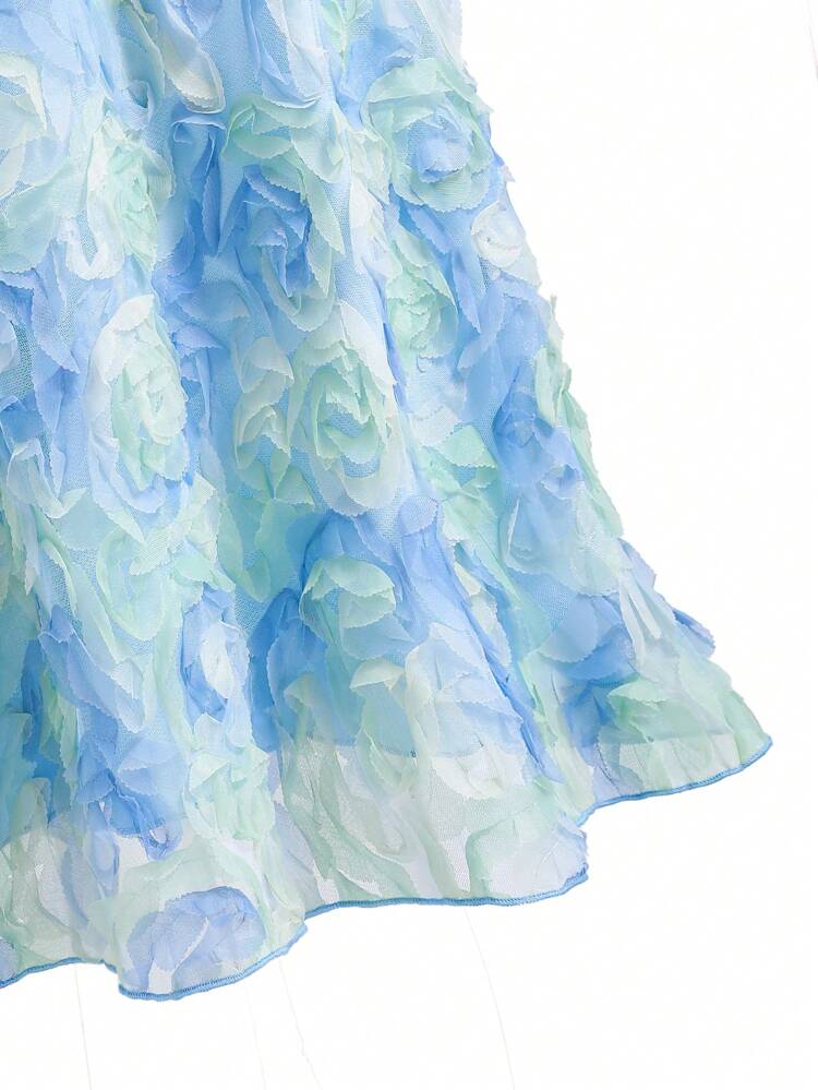 Teen Girl Solid Color Pleated Cami Top & 3d Floral Mesh Skirt Set For Spring/Summer