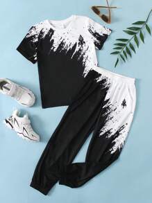 SHEIN Leap Crew Boys Rocket Print Colourblock Top & Trousers Set - Black and White - View 1