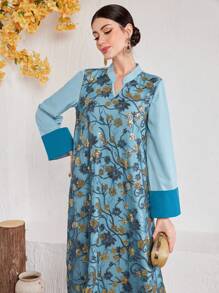 Al Najma Women's Glitter Embroidery Patchwork Notched Dress With Slit Kaftan Jalabiya Dress - Blue - View 1