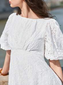 SHEIN Frenchy Summer Hollow Out Embroidery Bubble Sleeve Pleated A-Line Dress - White - View 4