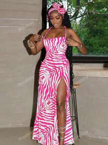 Zebra Print Sexy Spaghetti Strap Backless Split Dress For Women