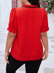 SHEIN Unity 大码波尔卡圆点印花蝴蝶结荷叶边下摆衬衫，适合新年和夏季 - 紅色 - 查看 2