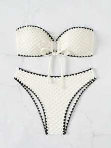 Swim Mod Summer Beach Padded Bandeau Bikini Set With Contrast Trim For Women - Beige - View 4