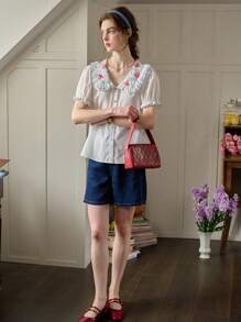 Simple Retro Summer Sweet Contrast Color Double Layer Peter Pan Collar Flower Embroidered Ruffle Trim Blouse - White - View 5