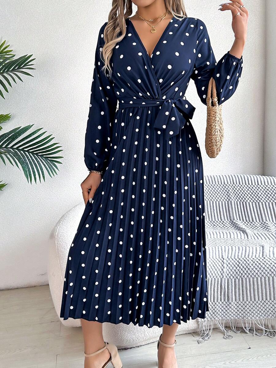 Fall Winter Colorblock Polka Dot Dress Wrap V-Neck With Tie Waist Cascading Pleats Flounce Hem Elegant Midi - Màu xanh hải quân - Xem 1