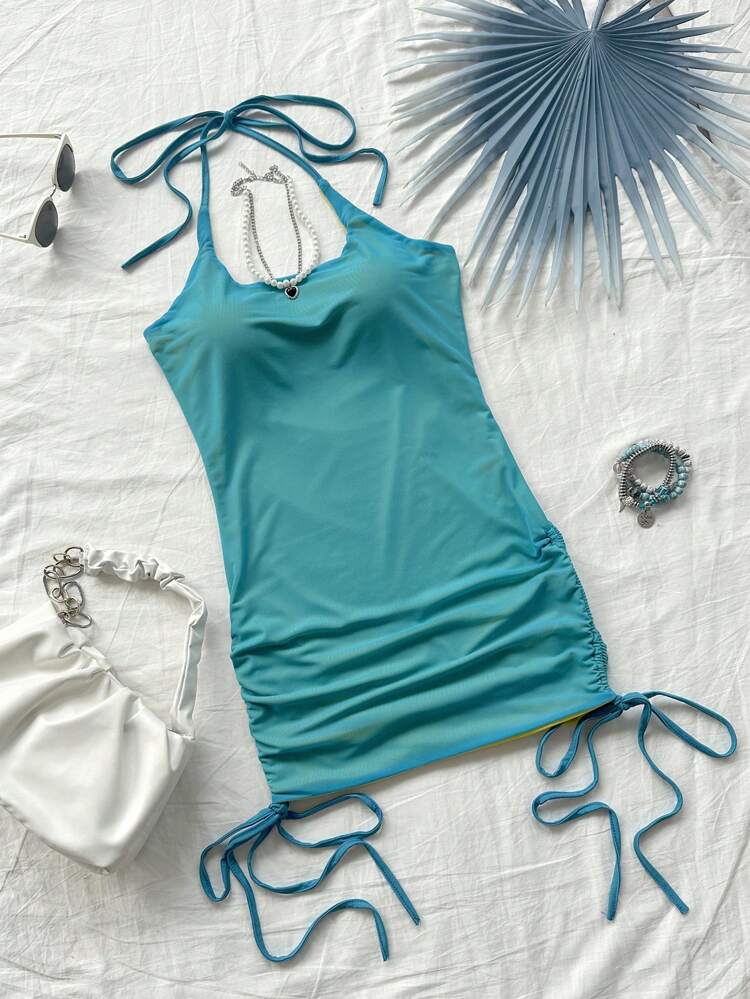 Ladies Holiday Music Festival Blue Elasticity Tight-Fitting Strap Halter & Side Drawstring Dress For Slimming