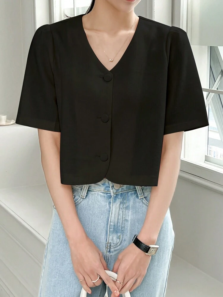 Solid Color Women's V-Neck Short Sleeve Button-Up Blouse Summer,Crop Tops Women